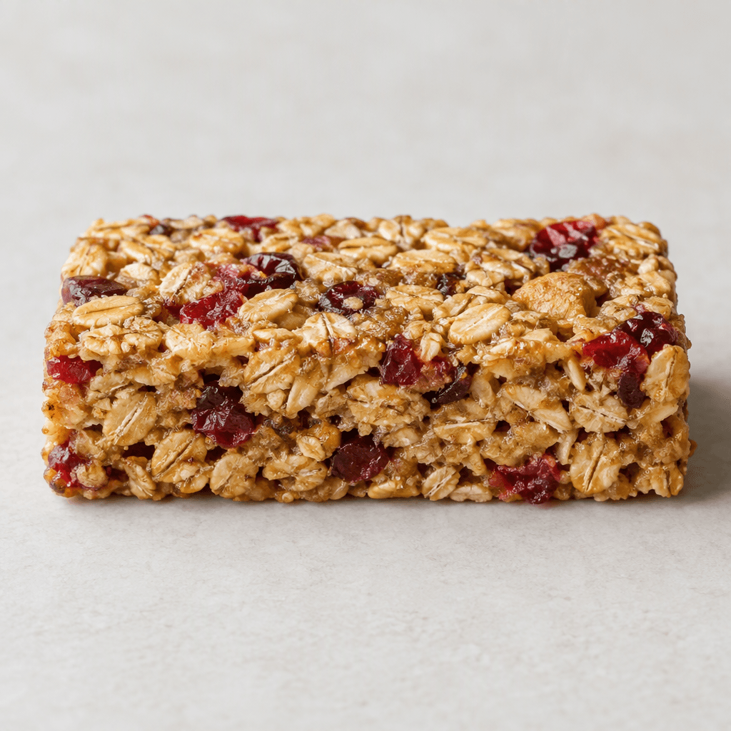 A compact rectangular oat bar with a rough, pressed surface, visible golden oat flakes, and scattered red dried-fruit pieces throughout, served whole on a plain surface.