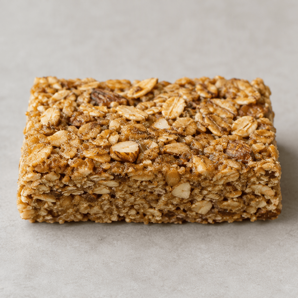 A compact rectangular oat bar with a golden-brown, slightly rough surface, visibly packed with oat flakes and small pieces of nuts, with clean cut edges and a firm pressed texture.