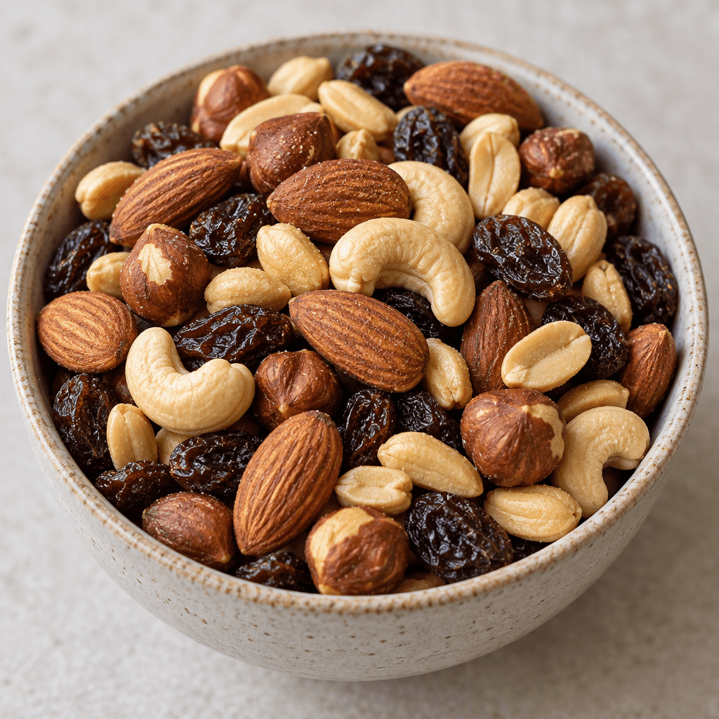 A loose mix of whole almonds, hazelnuts, cashews, peanuts and dark raisins, with varied tan and brown colors and smooth, wrinkled textures, piled together in a small bowl.