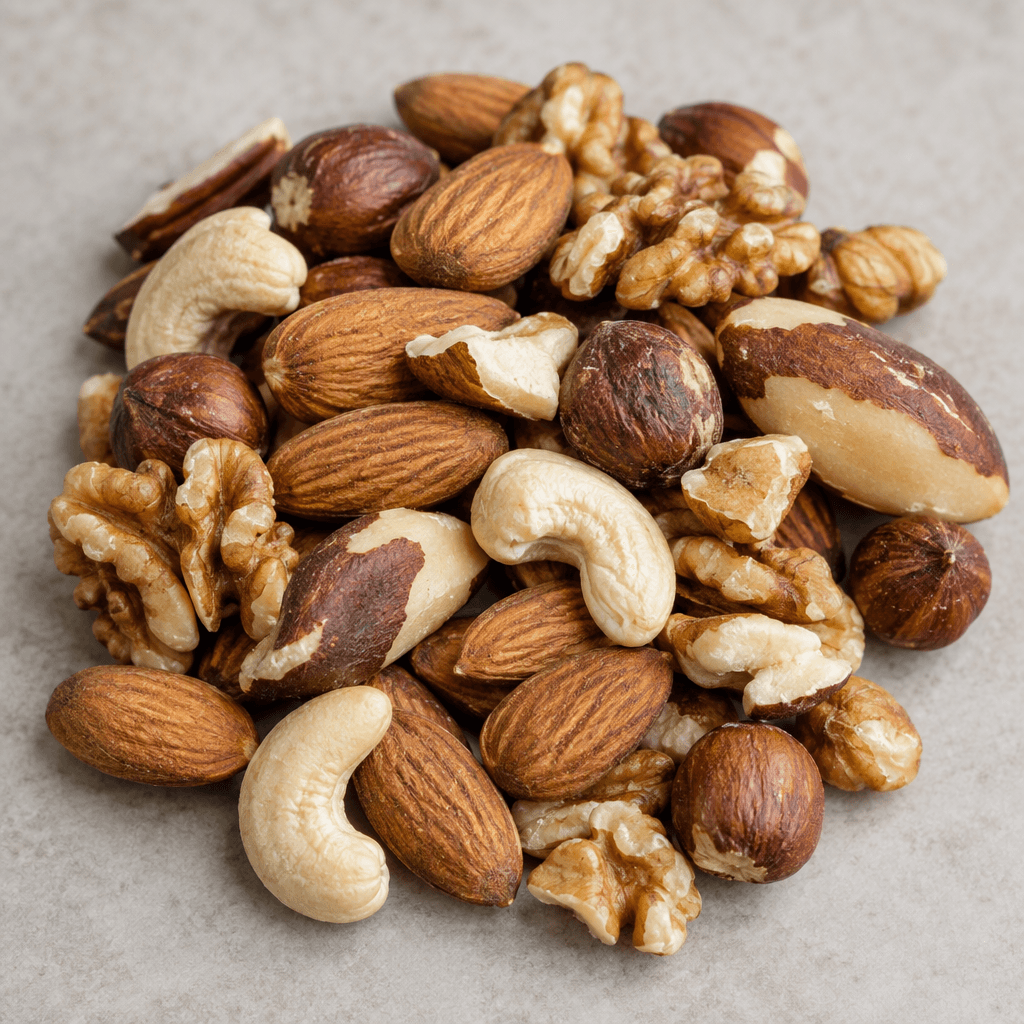 A loose assortment of whole and broken nuts in varied shapes and sizes, with smooth pale beige interiors and skins ranging from light tan to deep brown.