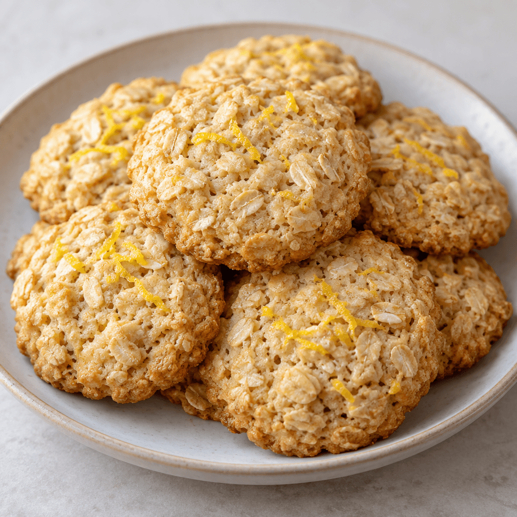Small, round, lightly golden cookies with a slightly craggy surface, visible oat flakes and fine flecks of lemon zest, arranged on a plate.
