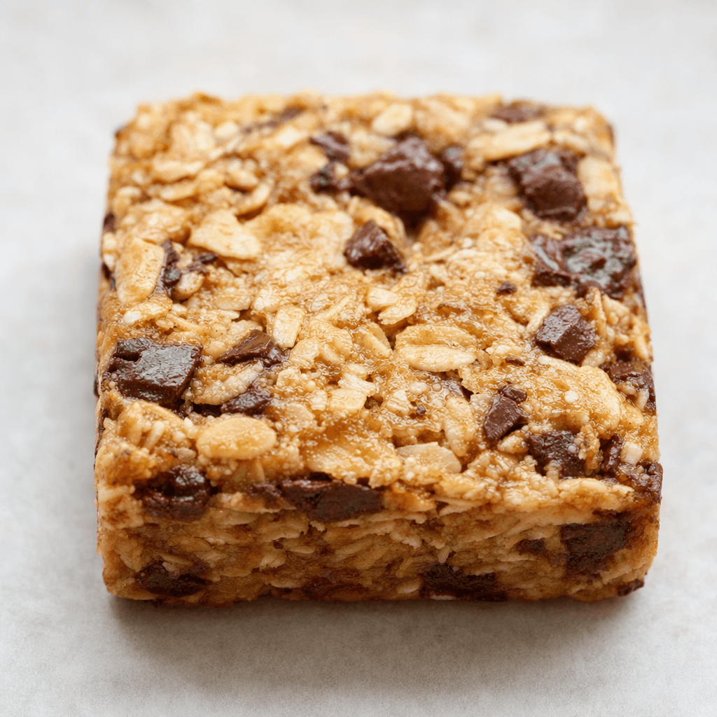 A compact rectangular oat bar with a rough, pressed surface, visible oat flakes, and scattered dark-brown chocolate pieces.