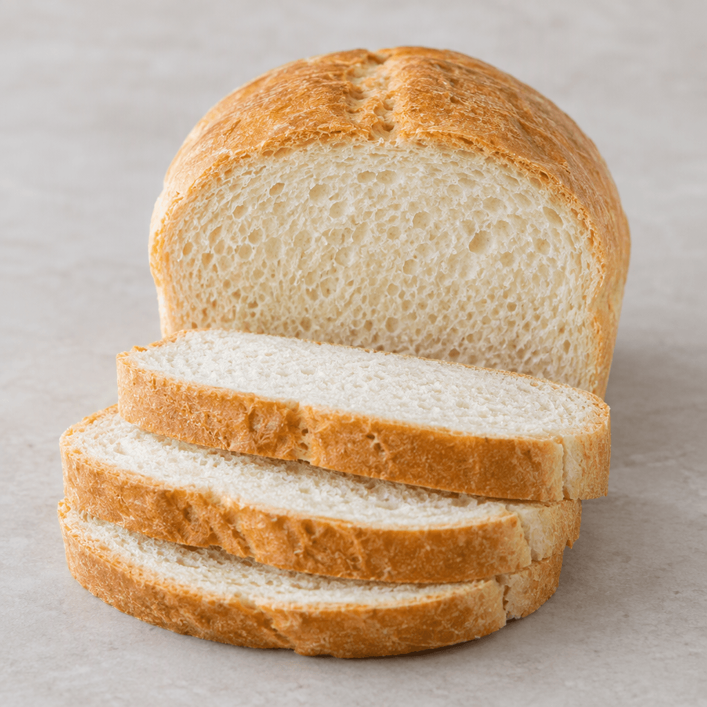 A small pale-golden loaf with a thin, lightly browned crust and a soft, fine-textured white crumb, shown whole and in several thick slices.