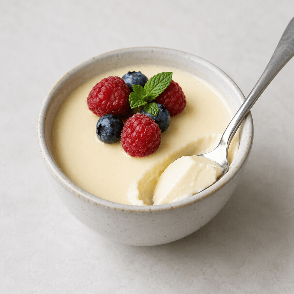 A pale, softly set dessert with a smooth, creamy surface is served in a small bowl with a spoon.