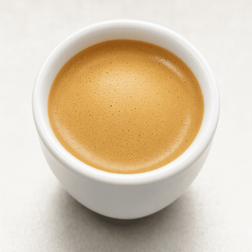 A small white ceramic cup holds dark espresso softened with a modest amount of pale milk, topped with a thin layer of smooth, fine-bubbled cream-colored foam.