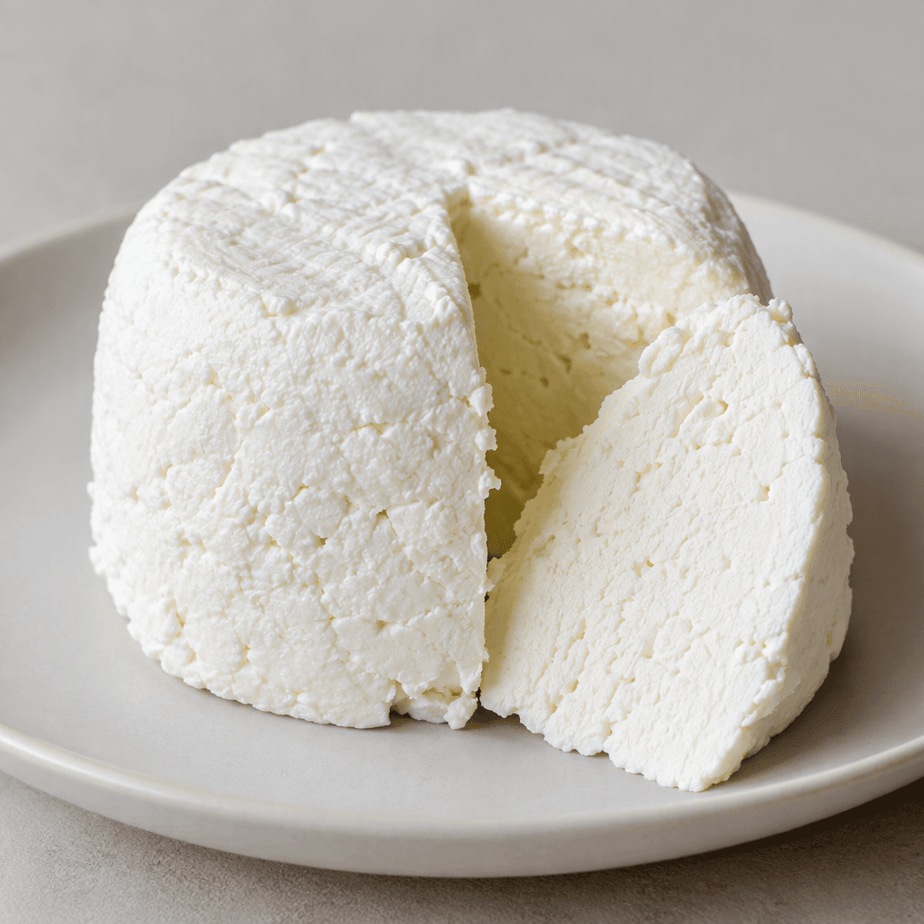 A white, smooth and dense fresh cheese with a soft, slightly crumbly texture, served as a compact mound or neat slices on a plate.