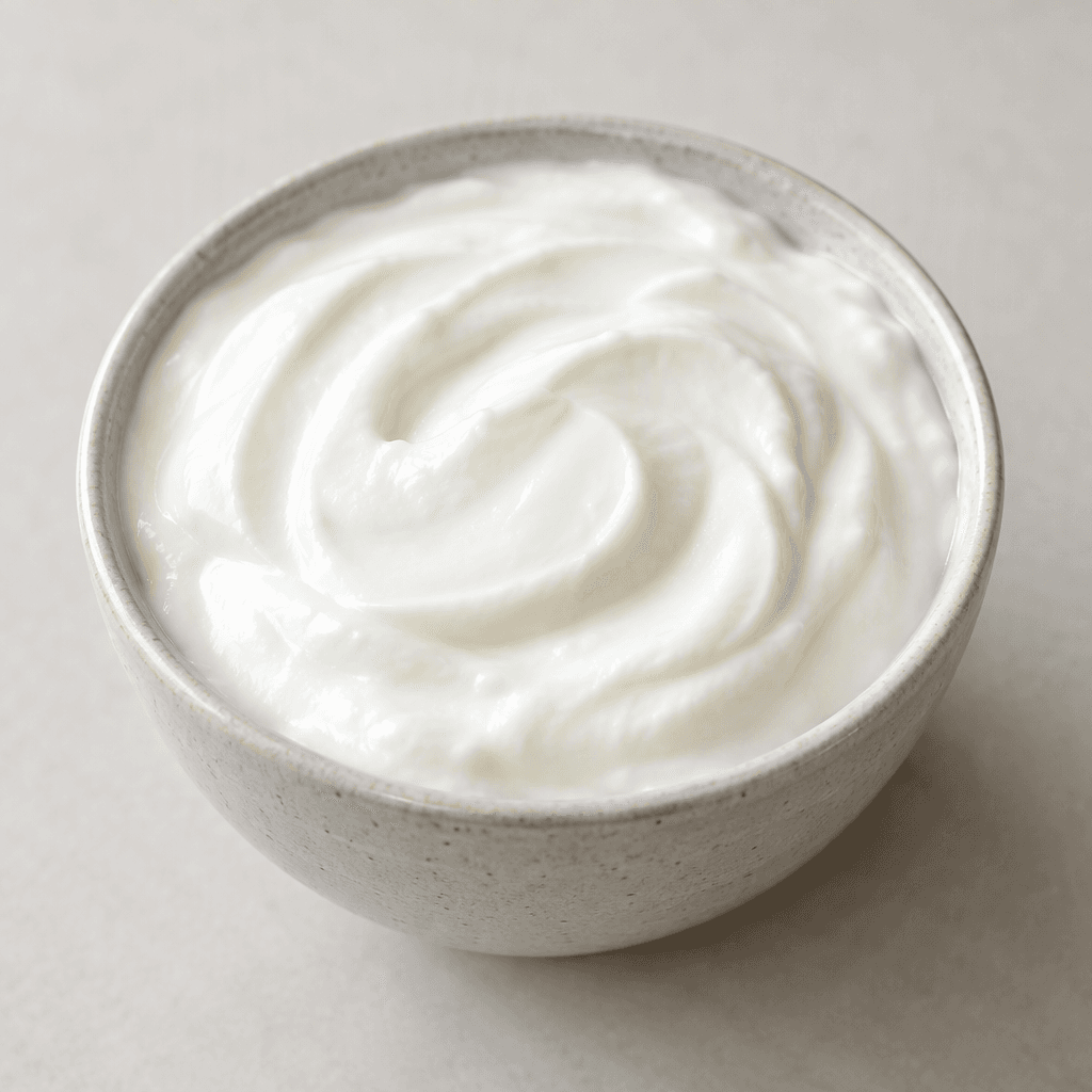 A smooth, glossy, pale white yogurt with a thick yet softly spoonable texture, served in a small bowl with gentle swirls and a clean, creamy surface.