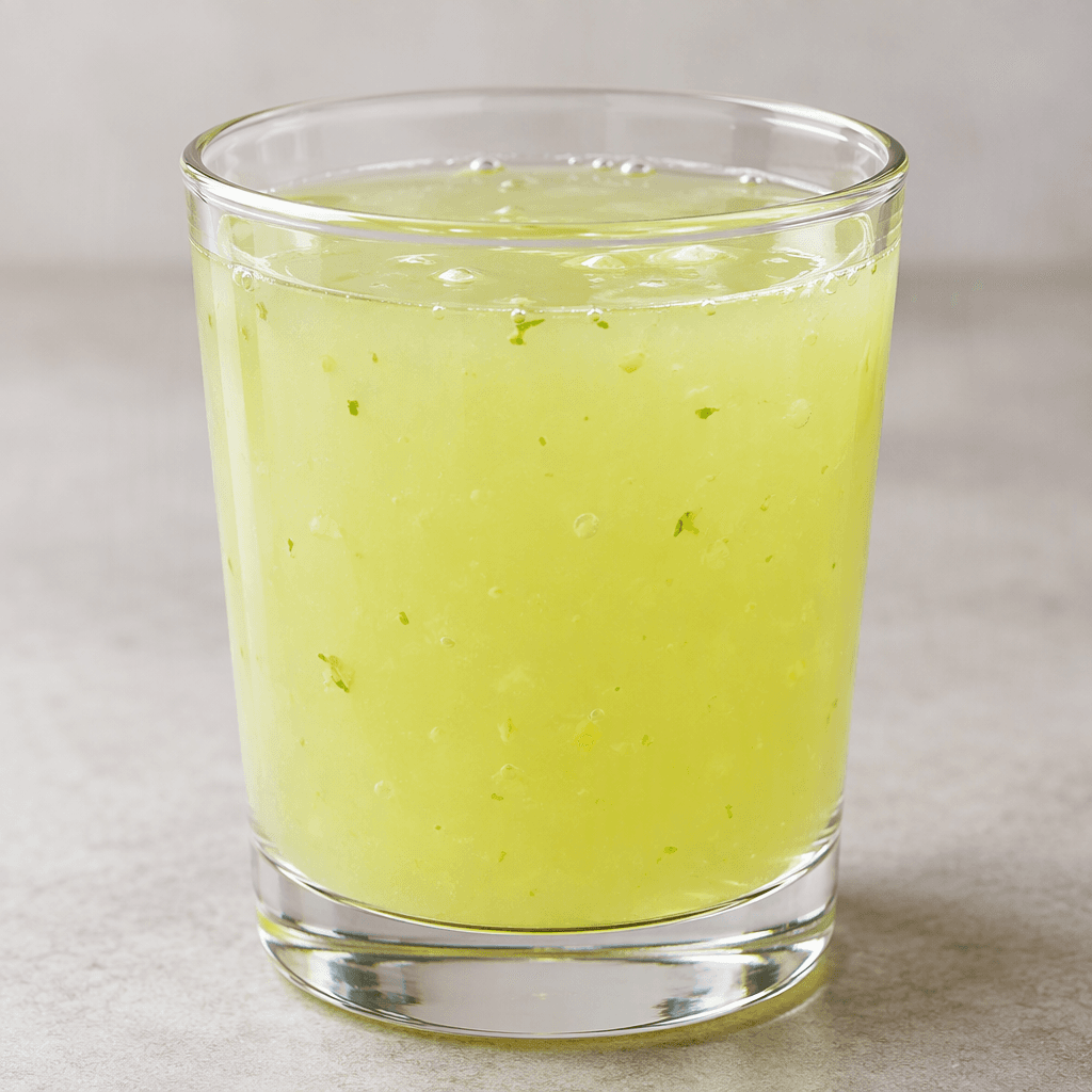 Pale yellow-green, translucent lime juice fills a clear glass, with a few tiny suspended pulp flecks and a glossy surface.