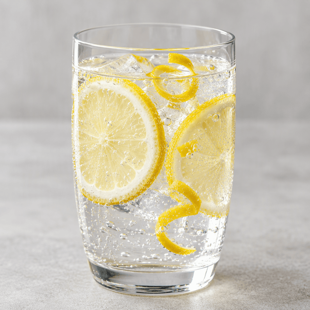 Clear, colourless, lightly sparkling mineral water with thin lemon slices and a few yellow citrus peel curls, served in a transparent glass with tiny bubbles clinging to the sides.