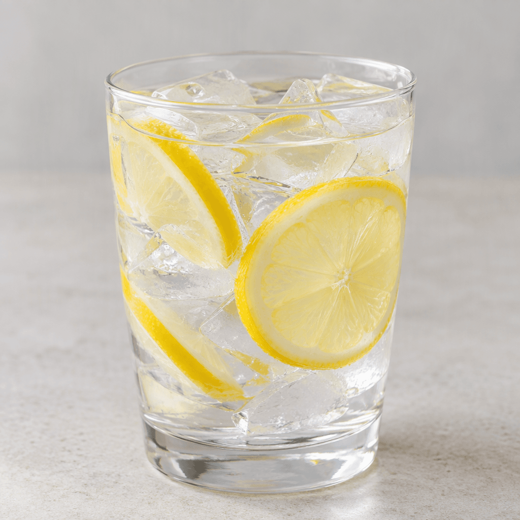 İçinde ince sarı limon dilimleri yüzən, buzlu ve şeffaf bir bardakta sunulan berrak, neredeyse renksiz su.