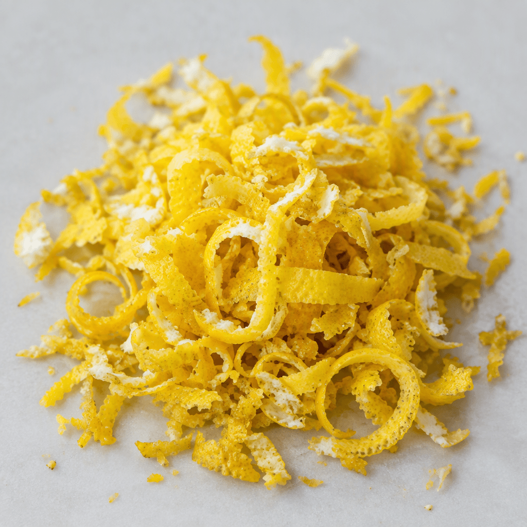 Fine, irregular curls and tiny flecks of bright yellow lemon peel, with occasional white pith, scattered loosely in a small mound.