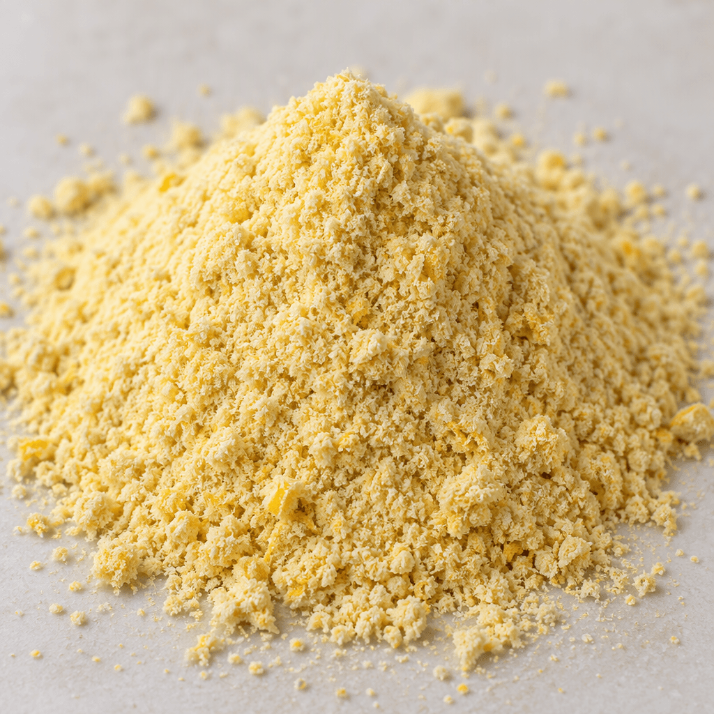 A loose mound of fine, pale yellow-beige lemon fiber powder with a slightly grainy, dry texture.