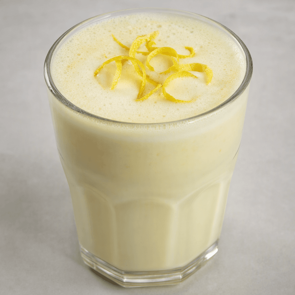 A pale ivory latte with a faint lemon-yellow tint and a smooth, lightly foamed surface is served in a clear glass, topped with a few fine curls of lemon zest.