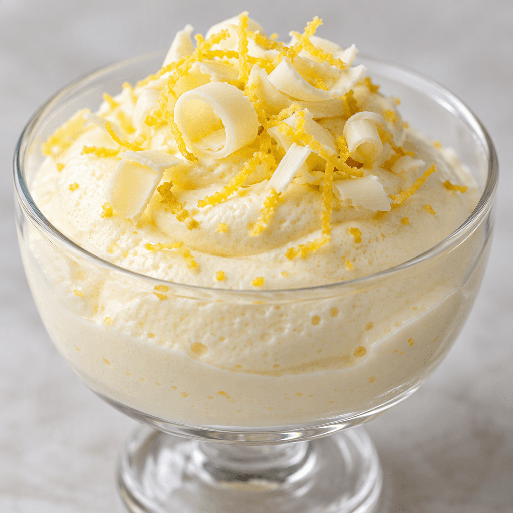 Pale ivory, airy mousse sits in a small glass dish, topped with fine yellow lemon zest and delicate white chocolate curls.