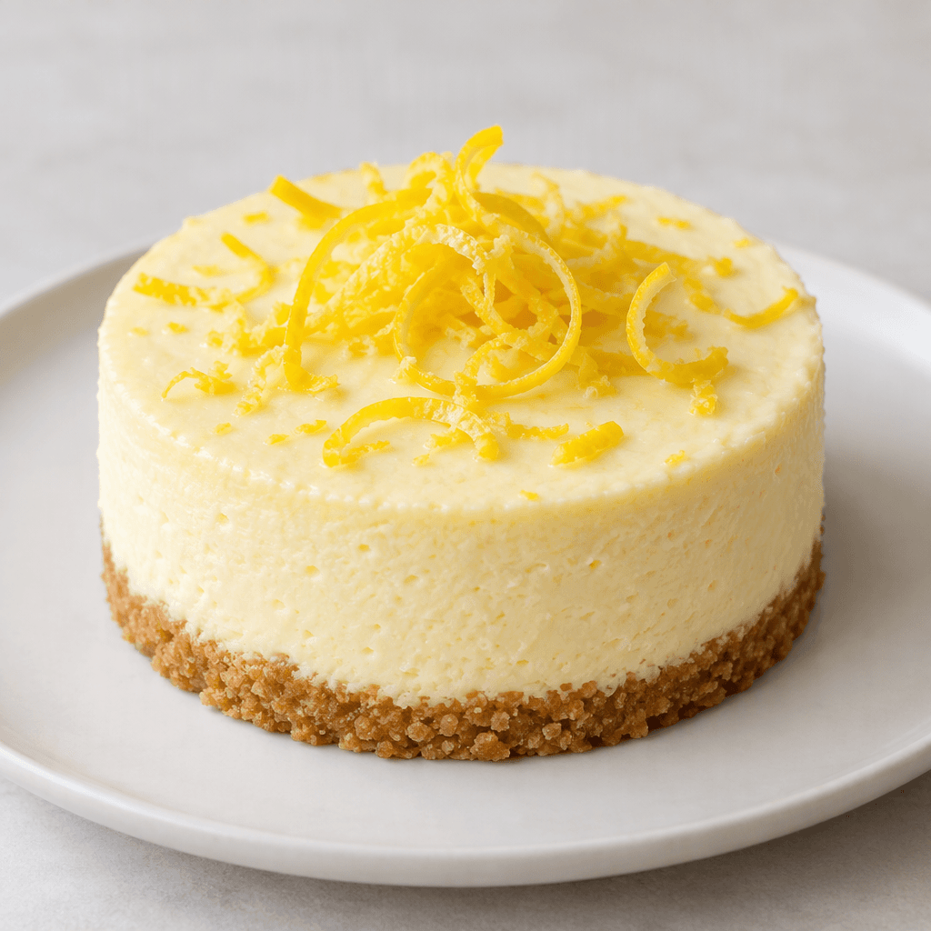 A round slice of lemon cheesecake with a pale yellow, smooth and dense creamy filling on a thin golden-brown crumb crust, topped with fine curls of bright yellow lemon zest and served on a plain plate.