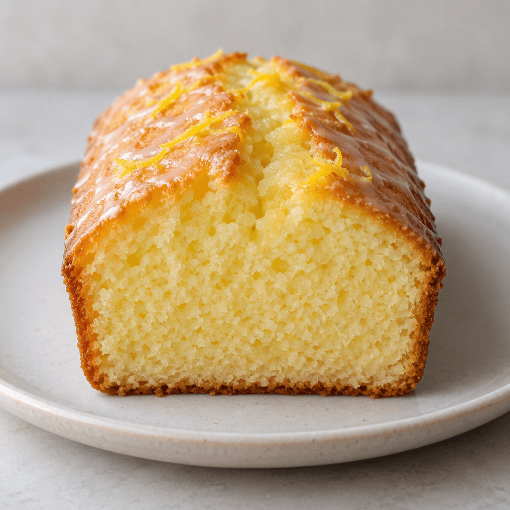 A small oblong lemon cake, cut to show a soft, fine-textured pale-yellow crumb beneath a lightly golden top, sits on a plain plate.