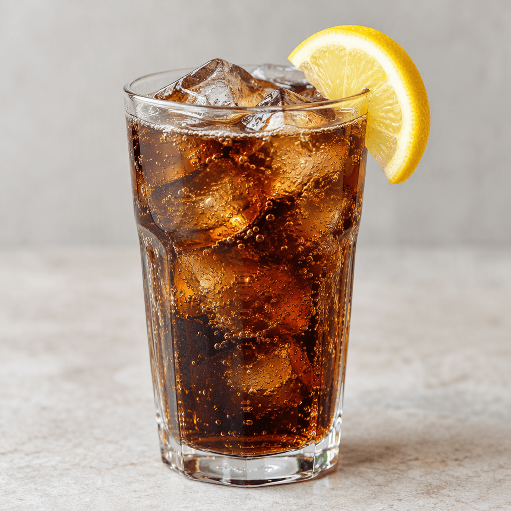 A glass of dark brown, fizzy cola with ice cubes and a bright yellow lemon slice resting on the rim.
