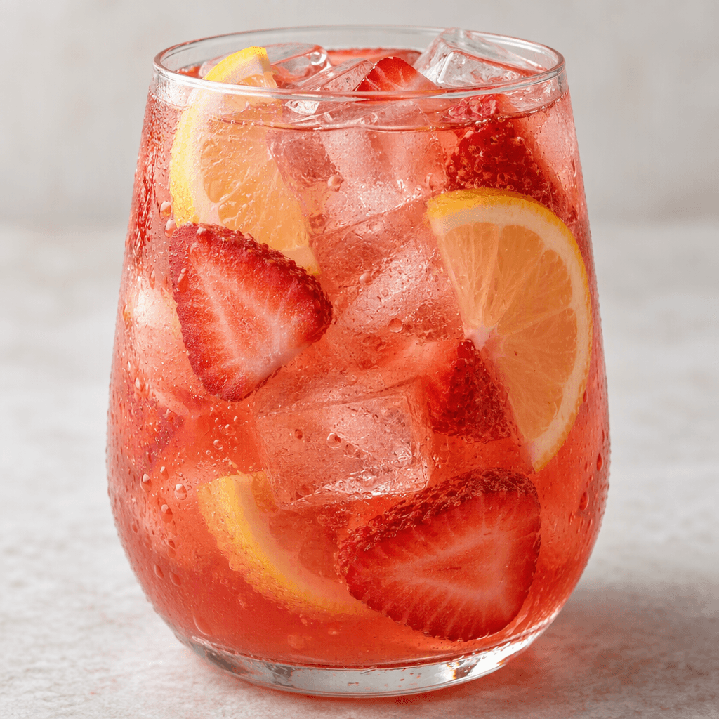 A rosy pink-red drink in a clear glass, with ice cubes and visible strawberry pieces and lemon slices.