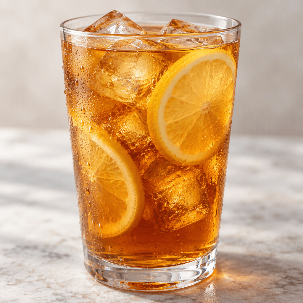 Golden-amber iced tea fills a clear glass, with ice cubes and thin lemon slices visible in the drink.