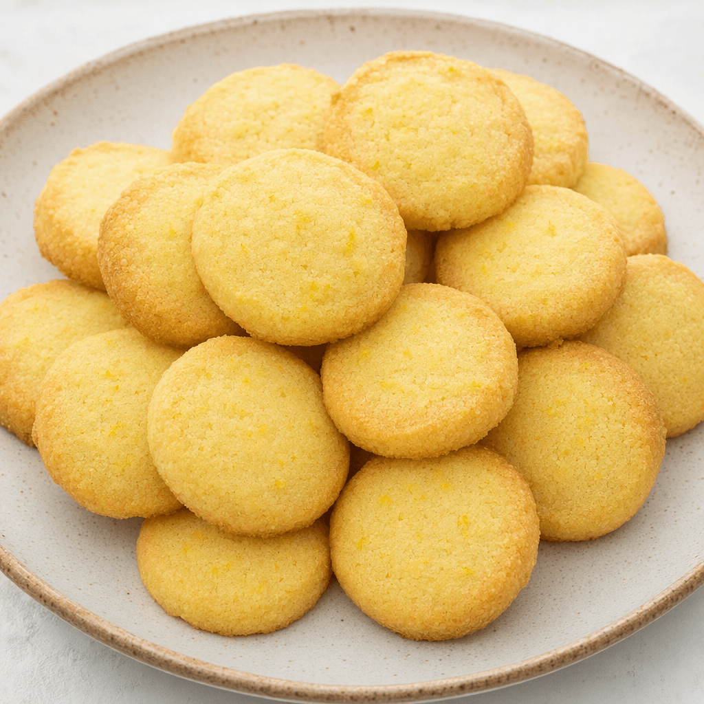 Small, round lemon biscuits with pale golden tops, lightly browned edges and a fine, slightly crumbly texture are arranged on a plate.