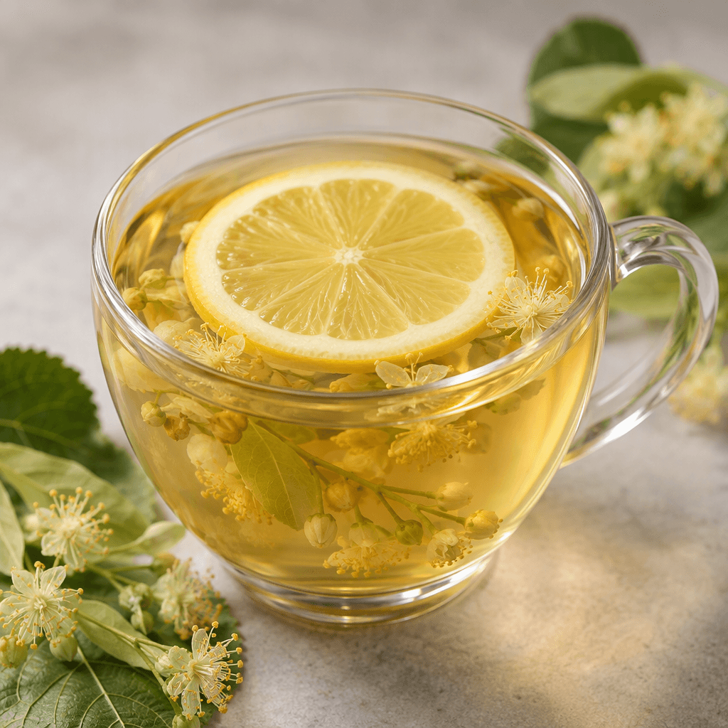 Clear, pale golden-yellow tea is served in a transparent glass, with a bright yellow lemon slice floating near the surface.
