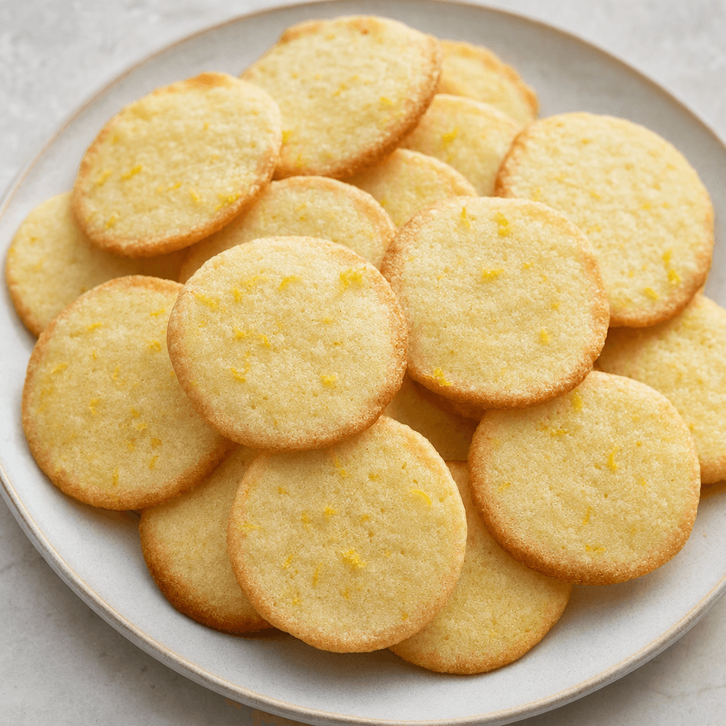 Small, round, pale-golden biscuits with lightly browned edges and a dry, finely textured surface, arranged on a plate with a few flecks of lemon zest visible.