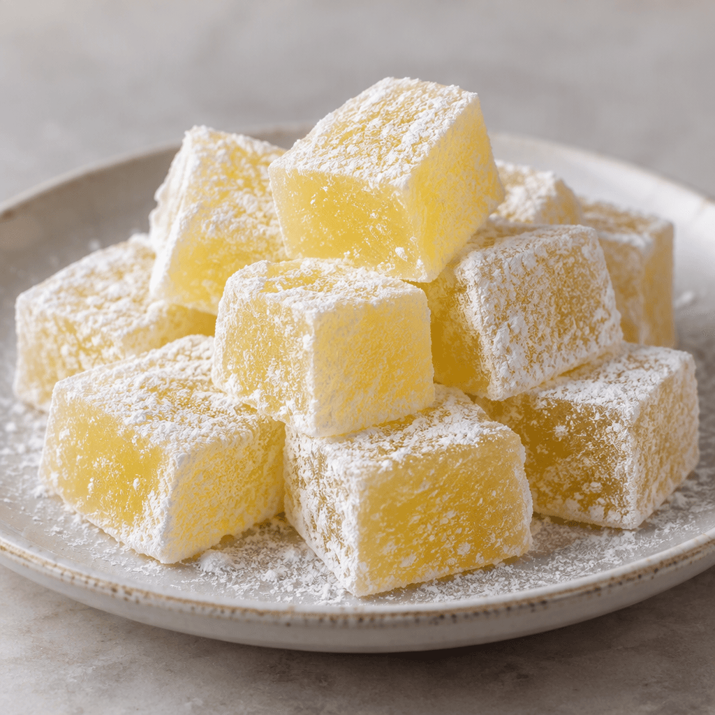 Pale yellow, slightly translucent cubes of lemon Turkish delight, with soft, smooth sides lightly dusted in white icing sugar, are arranged on a serving plate.