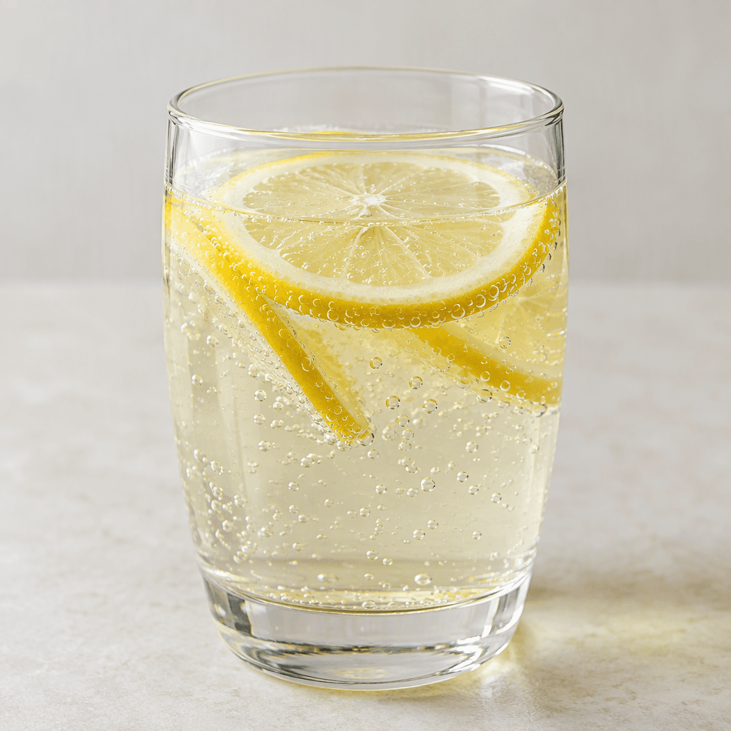 Clear, lightly sparkling water with a faint yellow tint, visible bubbles, and thin lemon slices floating in a transparent glass.