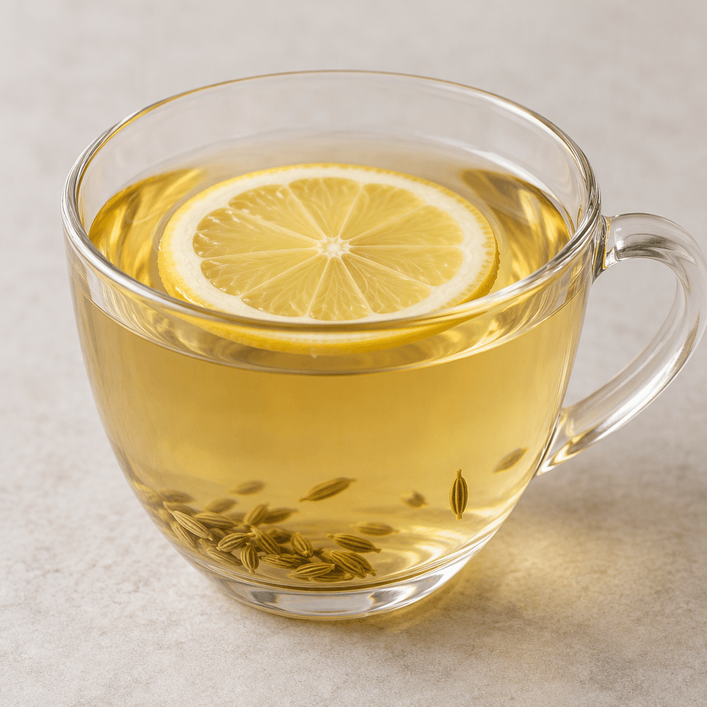 A clear, pale golden infusion in a transparent cup, with a thin yellow lemon slice floating on top and a few small fennel seeds visible near the bottom.