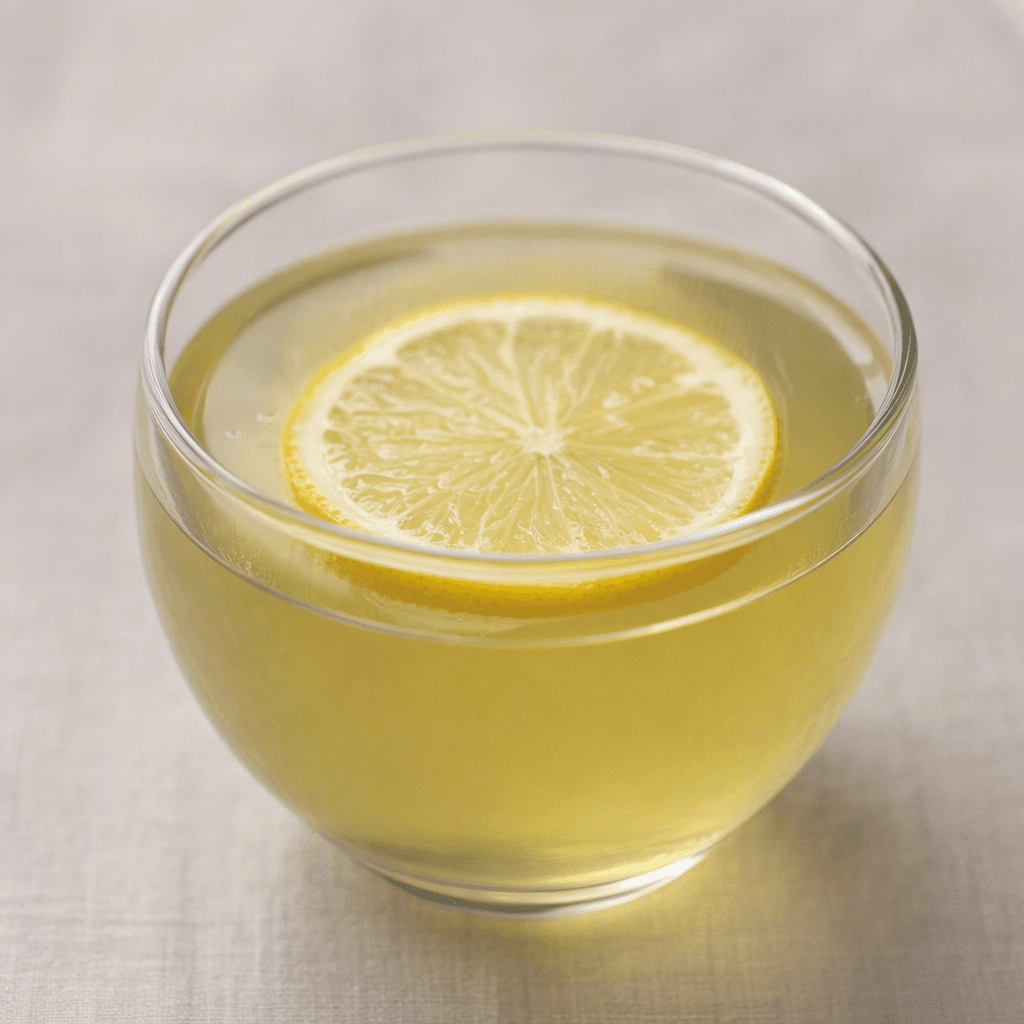 İnce bir limon diliminin yüzeyinde yüzdüğü, açık altın yeşili ve berrak çay şeffaf bir bardakta servis ediliyor.