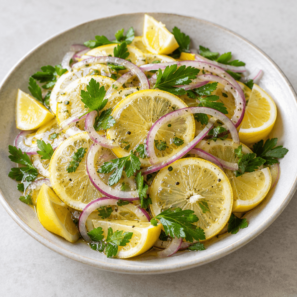Thin, translucent slices and small wedges of bright yellow lemon are arranged in a shallow dish with fresh green parsley leaves and delicate rings of red onion, all lightly glistening with dressing.