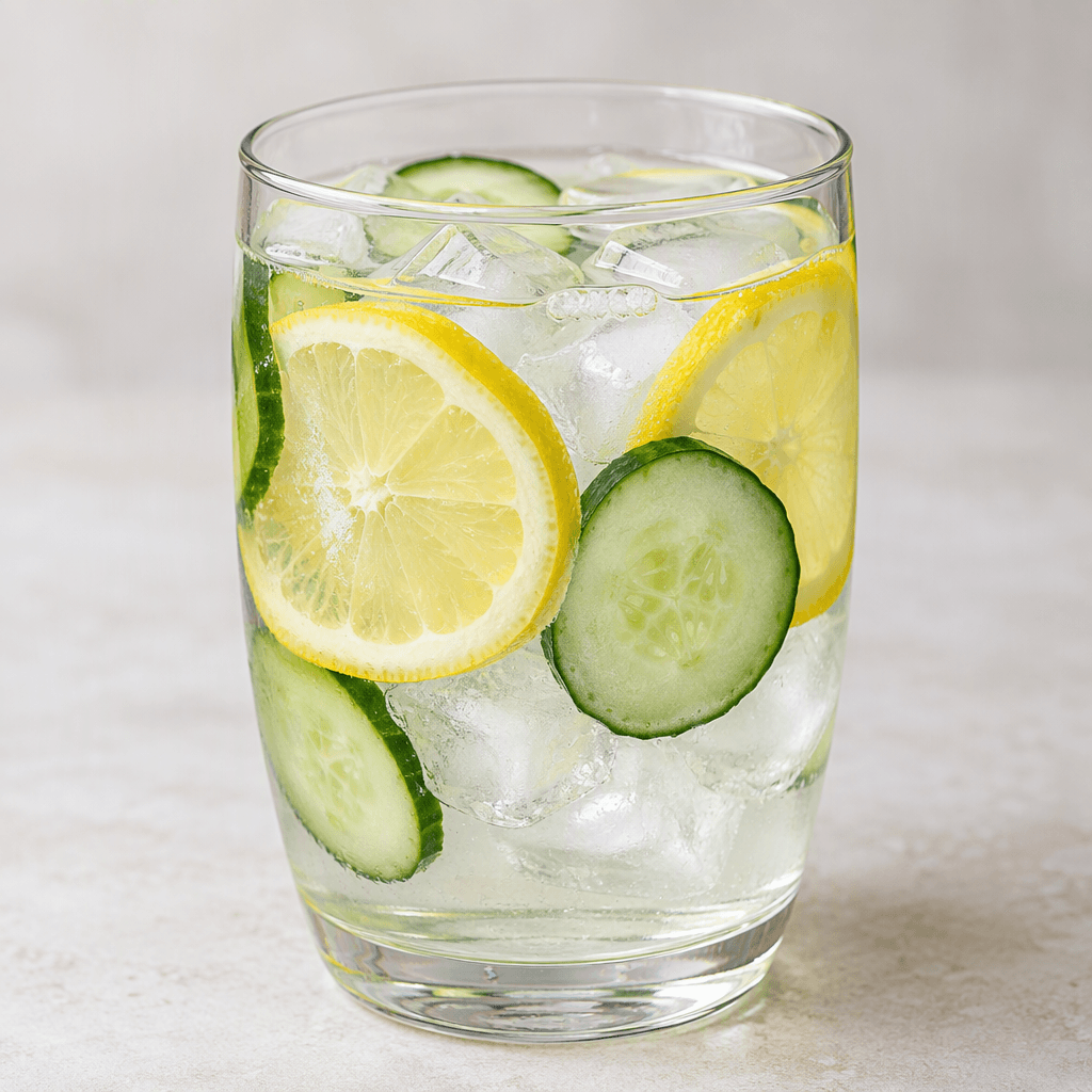 Clear, faintly tinted water is served in a transparent glass with thin lemon rounds and pale green cucumber slices floating among the ice.