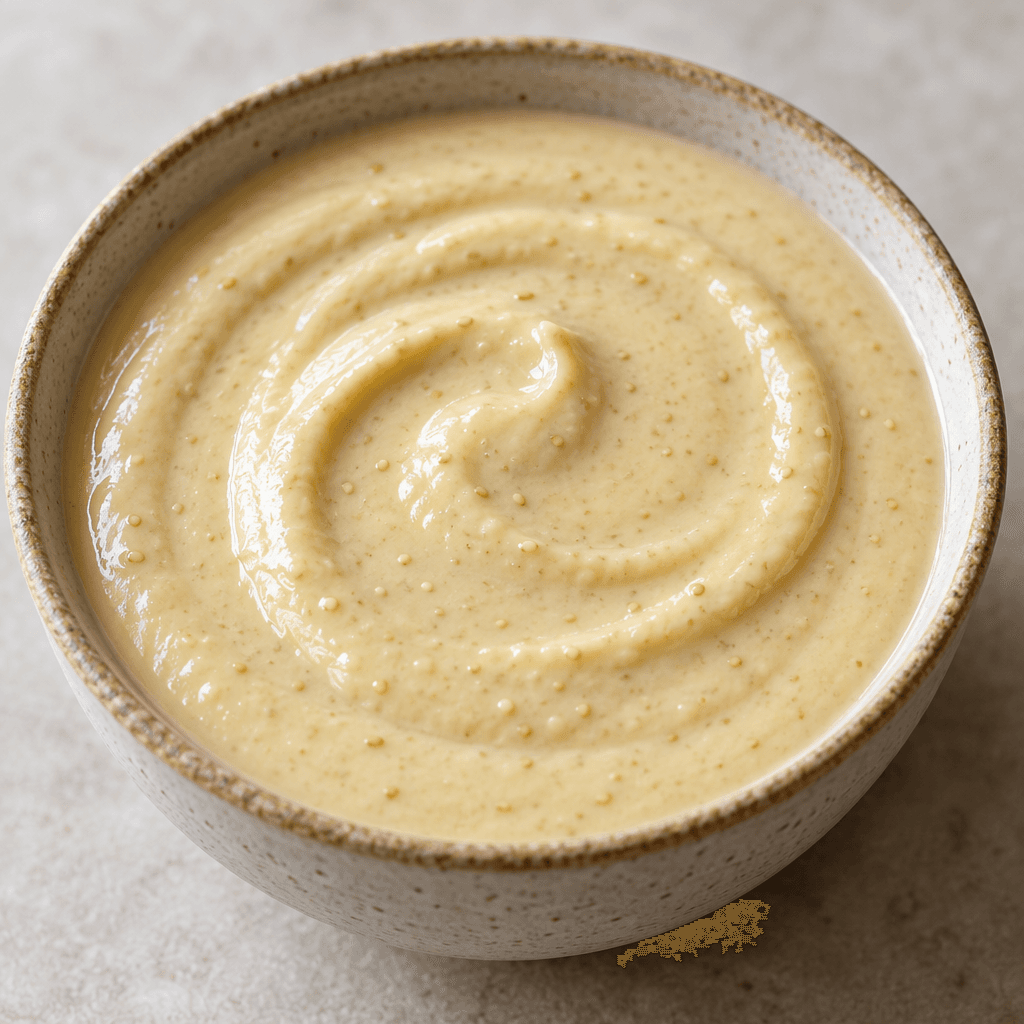 A thick, smooth, pale cream-yellow lemon tahini sauce with a slight sheen and tiny sesame flecks, pooled in a shallow bowl.