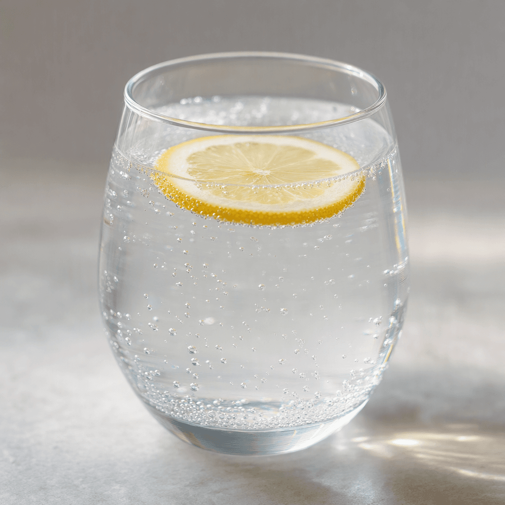 A clear, colorless carbonated drink with fine bubbles rising through it, served in a transparent glass with a thin lemon slice floating near the surface.