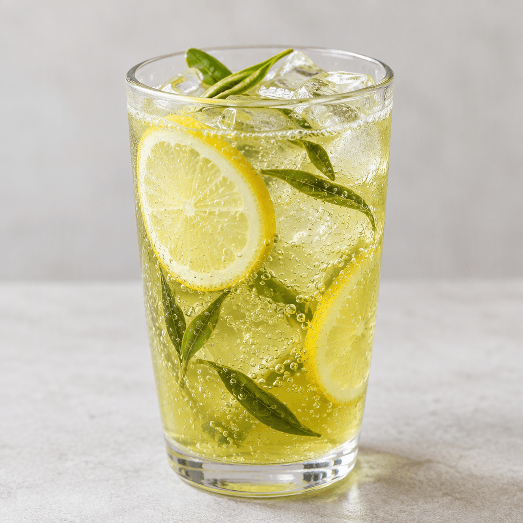 A clear, pale golden-green fizzy drink with tiny bubbles rising through it, served over ice in a transparent glass with thin lemon slices and fresh green tea leaves visible.
