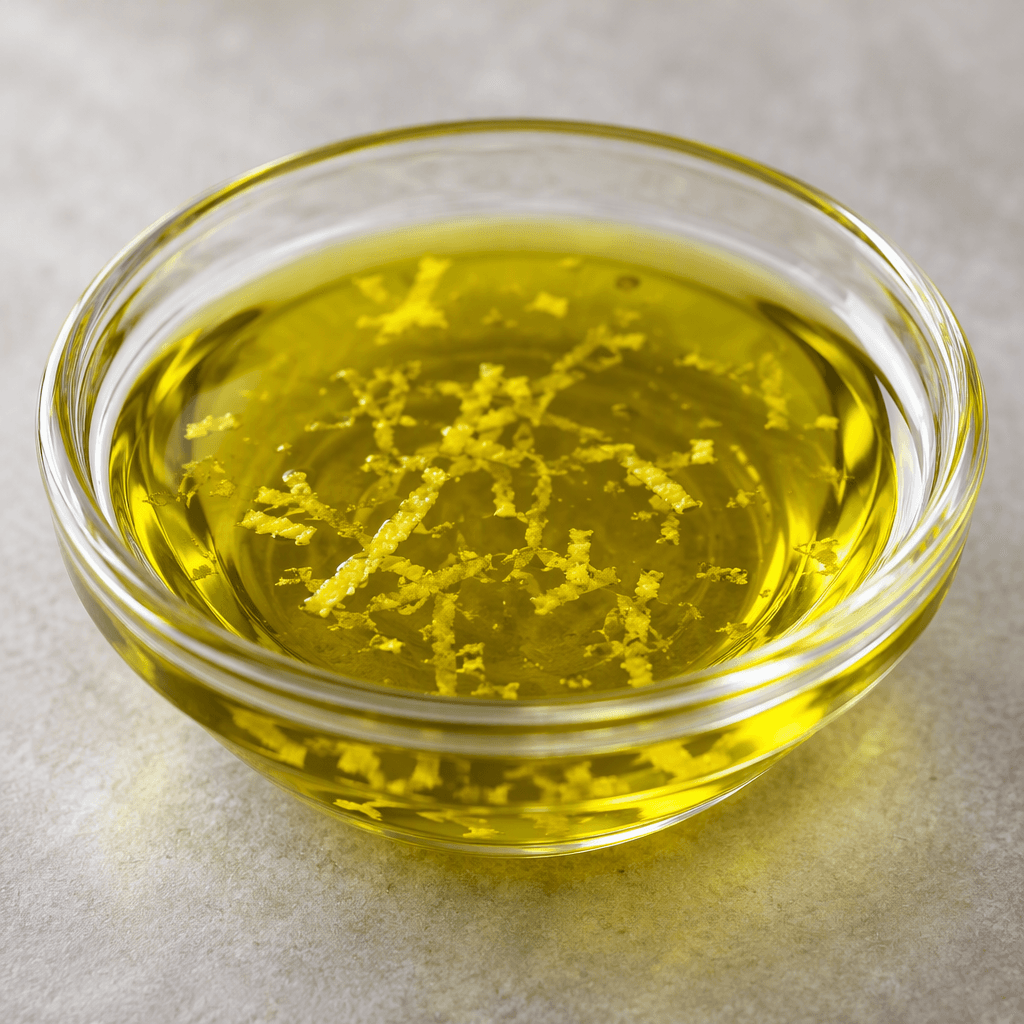 Clear, glossy golden-green lemon olive oil is pooled in a small shallow glass dish, with a few fine flecks of lemon zest suspended in it.