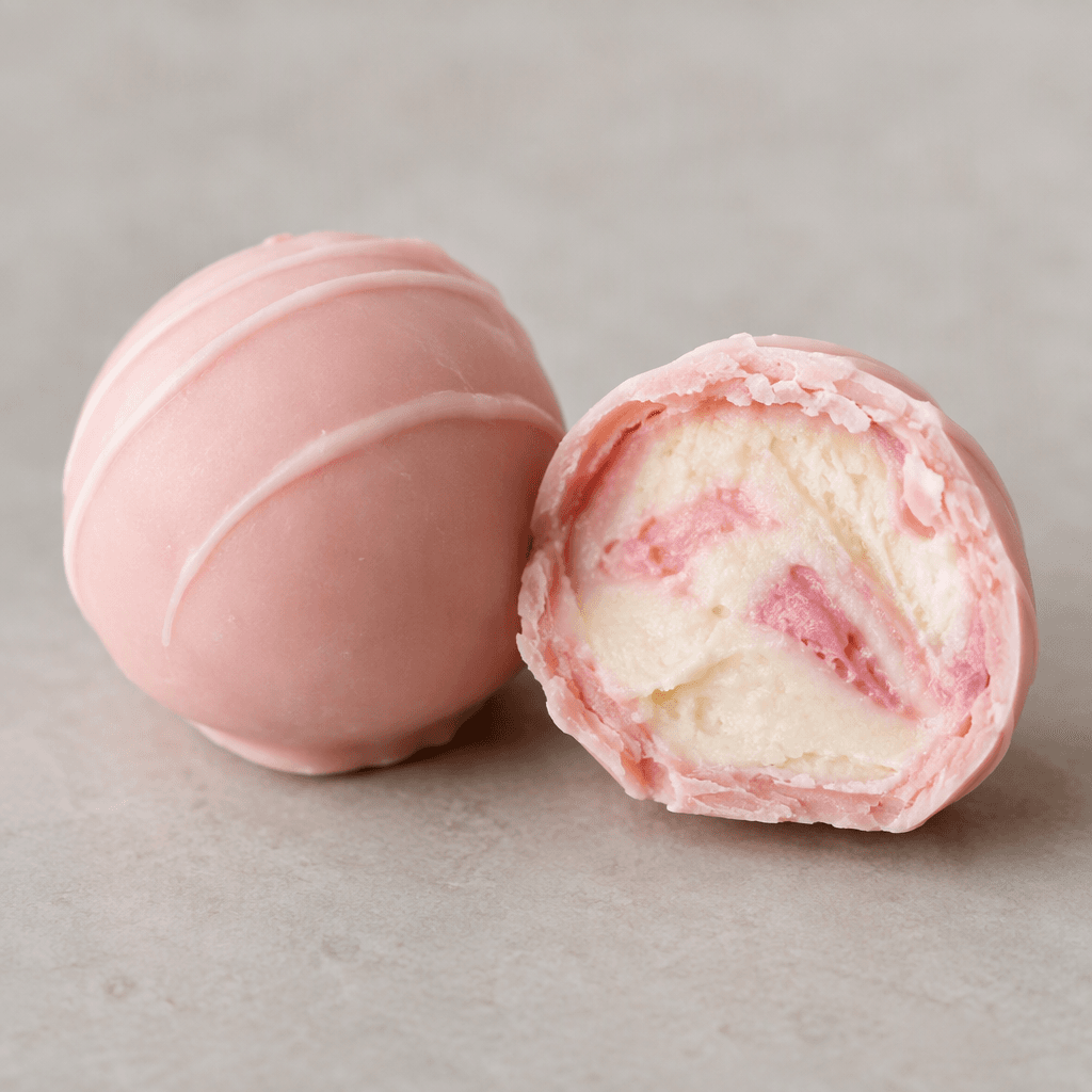 A round, smooth pale-pink chocolate truffle, shown whole beside a cut half with a soft, creamy white-and-pink filling.