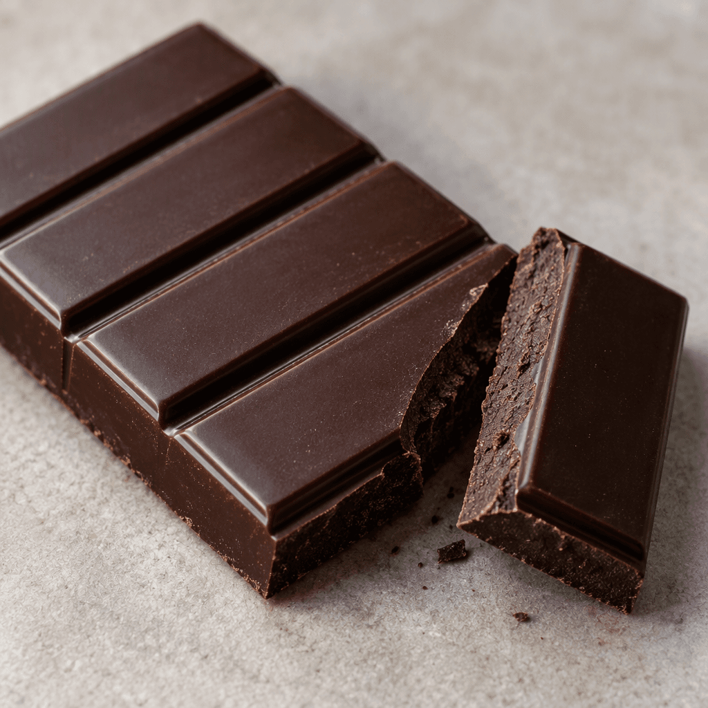 A deep, nearly black-brown chocolate bar is divided into thin rectangular segments with smooth, faintly glossy tops, beside a snapped piece with a dense, matte interior.