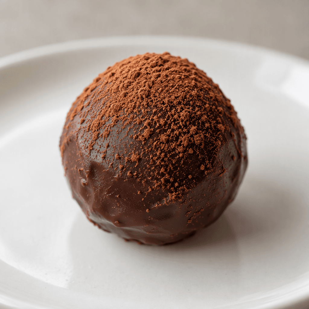 A small, round, dark-brown chocolate truffle with a smooth, slightly glossy shell and a light dusting of fine cocoa powder, shown whole on a plain plate.