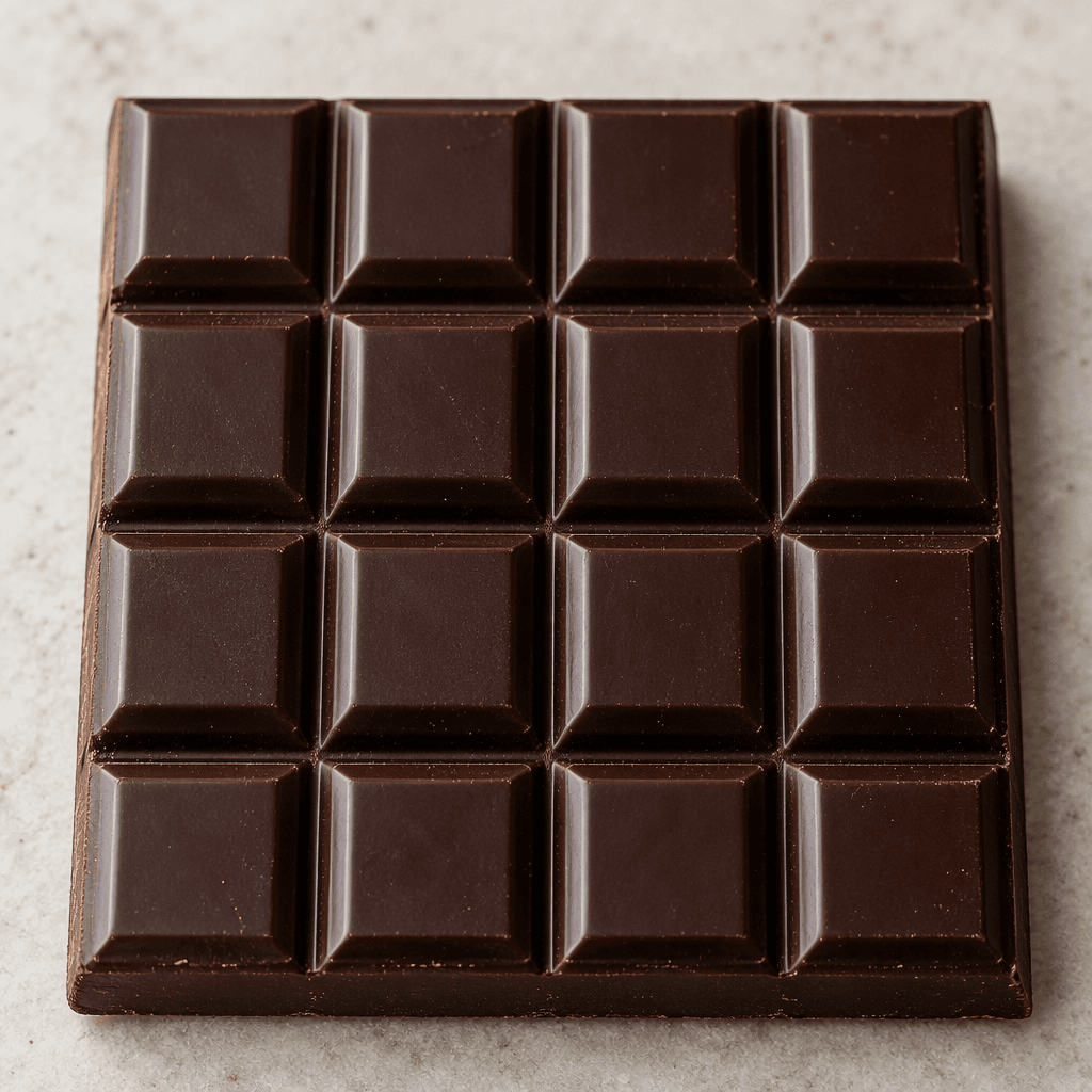 A rectangular bar of very dark brown chocolate, divided into neat raised squares with smooth, slightly glossy tops and crisp edges.