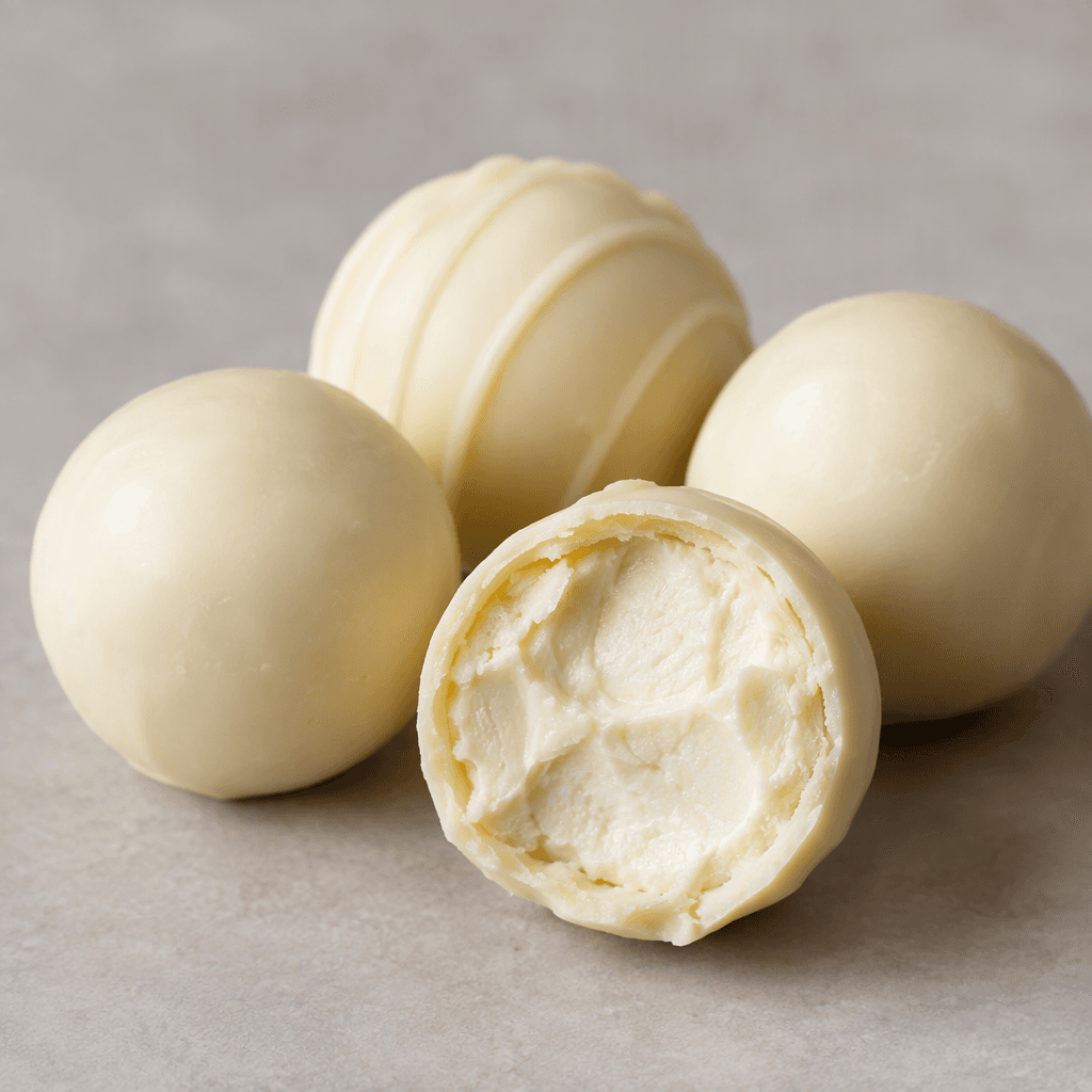 Smooth, round ivory-white chocolate truffles sit together, with one cut open to reveal a soft, creamy white center beneath its thin shell.