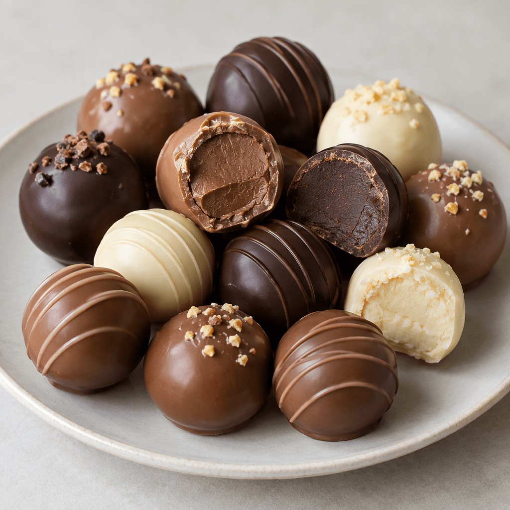 A selection of smooth, round chocolate truffles in milk, dark, and white chocolate, with glossy shells and a few pieces cut open to reveal their soft centers, arranged together on a plate.