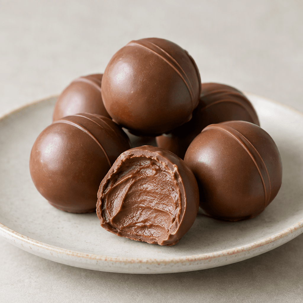 Smooth, round milk-chocolate truffles with a delicate sheen sit on a plate, one cut open to reveal a soft, creamy chocolate center.