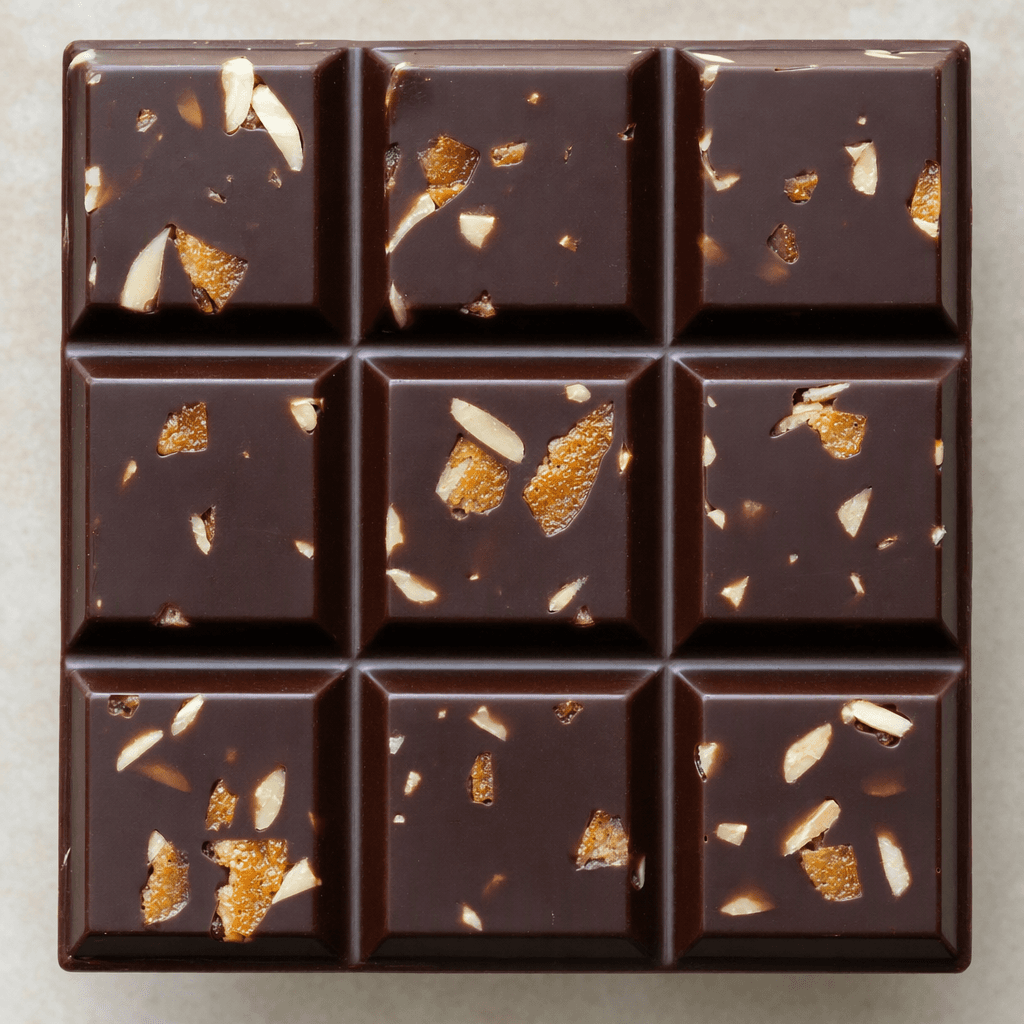 A dark, glossy brown chocolate bar is divided into rectangular segments, with small amber-orange peel pieces and pale almond slivers visible throughout.