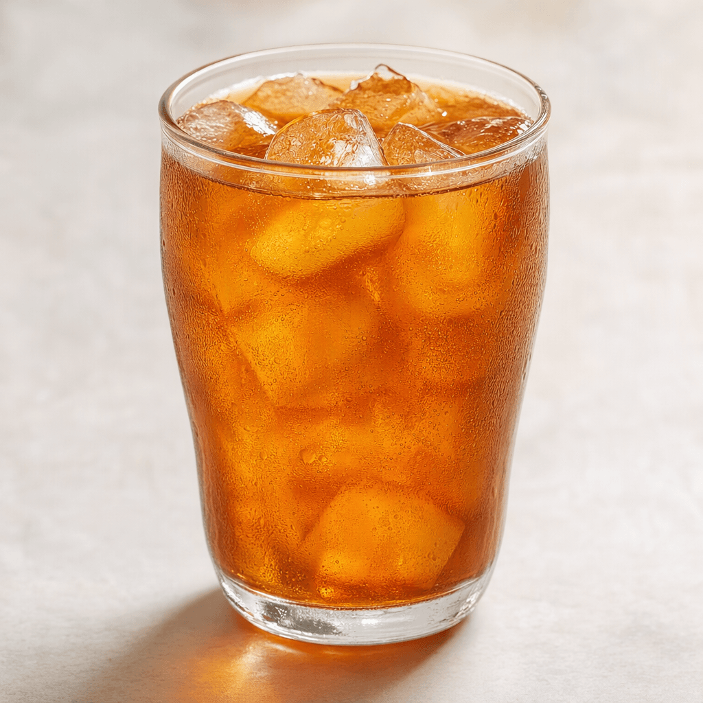 A clear glass filled with translucent amber-brown iced tea and several visible ice cubes, with a light sheen of condensation on the glass.