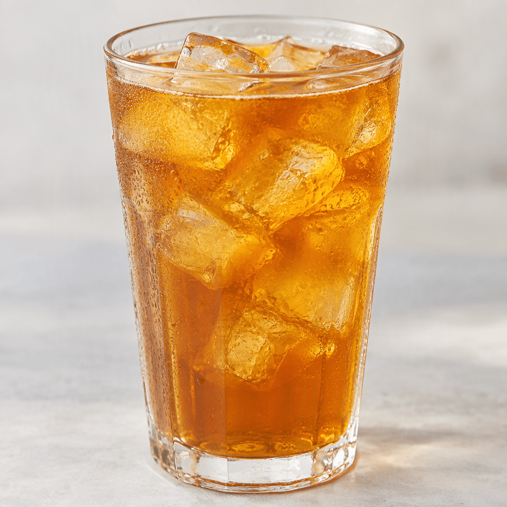 A clear glass holds translucent golden-amber iced tea with several visible ice cubes.