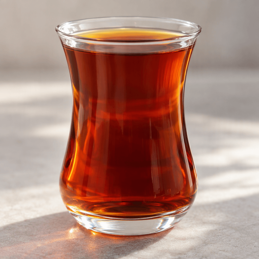 Küçük, kulpsuz ve ince belli bir bardak, içinden ışığın süzüldüğü berrak koyu kızıl kehribar renkli çayla dolu.