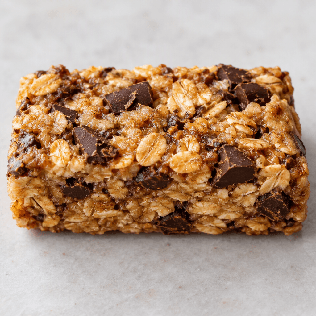 A compact rectangular oat bar with a golden-brown, uneven surface, visible oat flakes, and dark chocolate pieces throughout.