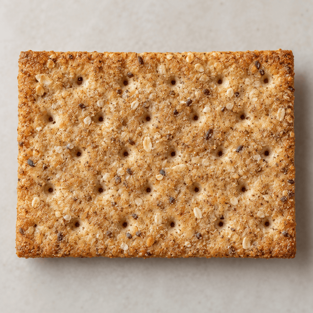 A thin, flat, rectangular whole-wheat cracker with a golden-brown, grain-speckled surface, small perforations, and lightly browned edges, served plain.