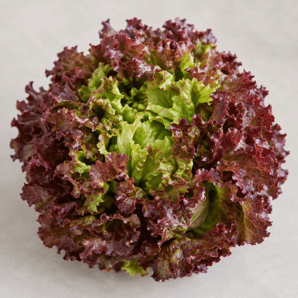 A loose head of lettuce with soft green centers and deeply ruffled, curled leaf edges fading to burgundy red and purple.